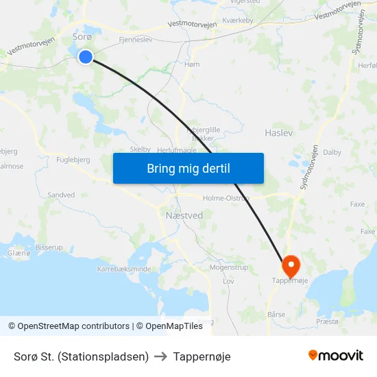 Sorø St. (Stationspladsen) to Tappernøje map
