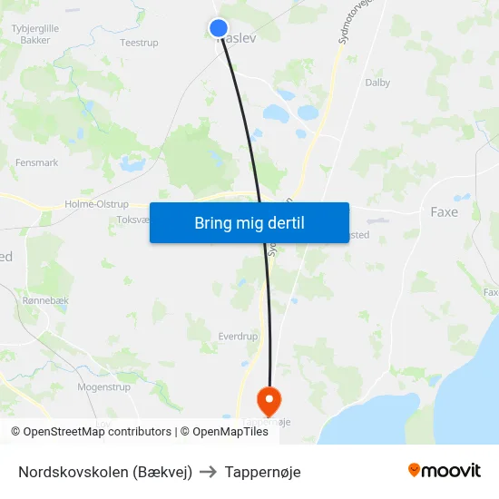 Nordskovskolen (Bækvej) to Tappernøje map