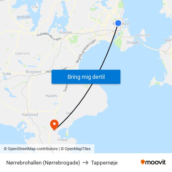 Nørrebrohallen (Nørrebrogade) to Tappernøje map