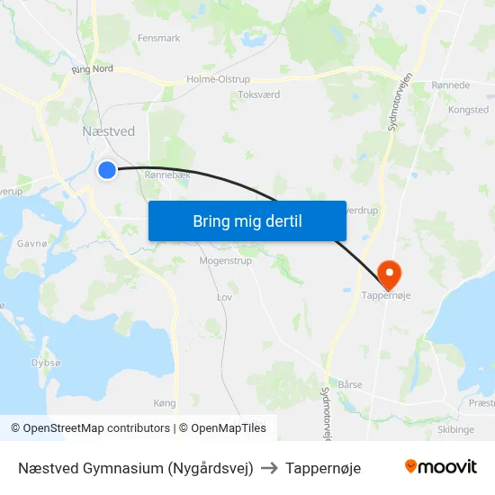 Næstved Gymnasium (Nygårdsvej) to Tappernøje map