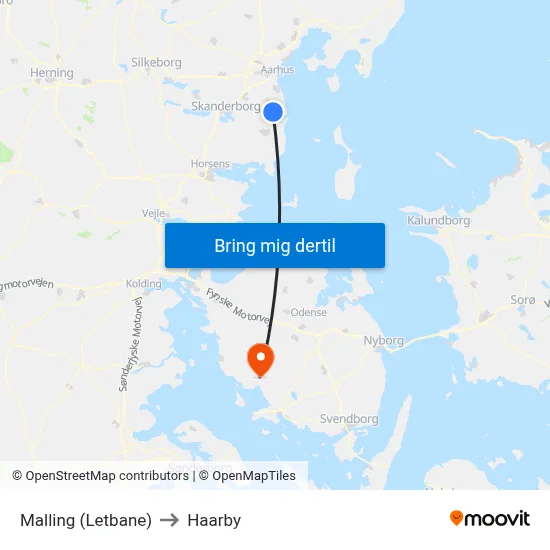 Malling (Letbane) to Haarby map