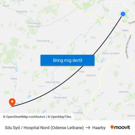 Sdu Syd / Hospital Nord (Odense Letbane) to Haarby map