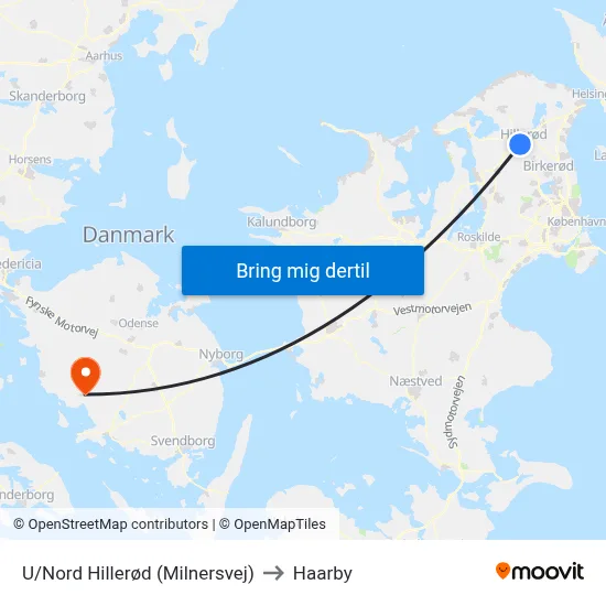 U/Nord Hillerød (Milnersvej) to Haarby map