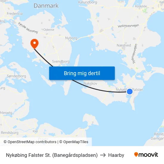 Nykøbing Falster St. (Banegårdspladsen) to Haarby map