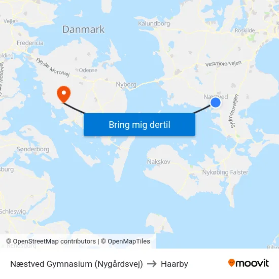 Næstved Gymnasium (Nygårdsvej) to Haarby map