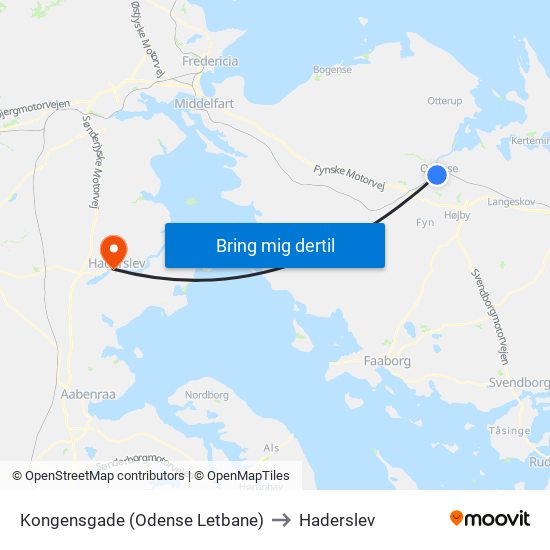 Kongensgade (Odense Letbane) to Haderslev map