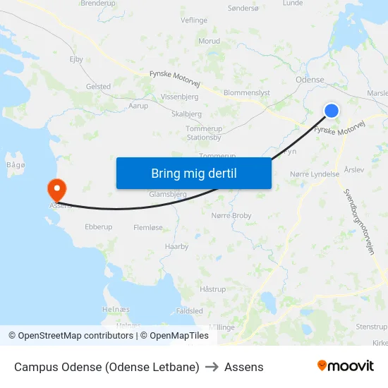 Campus Odense (Odense Letbane) to Assens map