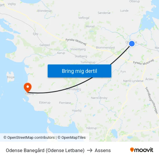 Odense Banegård (Odense Letbane) to Assens map