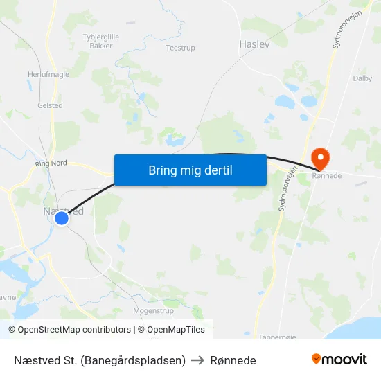 Næstved St. (Banegårdspladsen) to Rønnede map