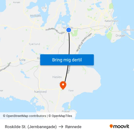 Roskilde St. (Jernbanegade) to Rønnede map
