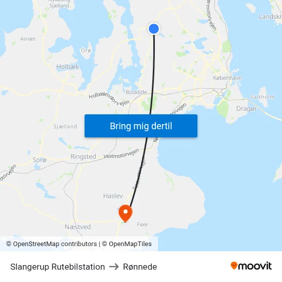 Slangerup Rutebilstation to Rønnede map