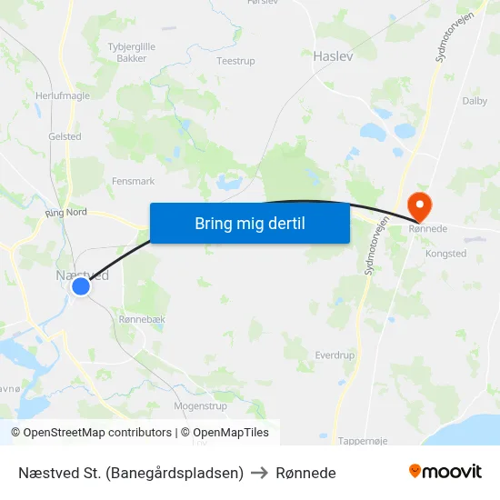 Næstved St. (Banegårdspladsen) to Rønnede map