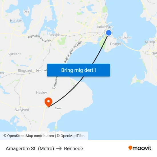 Amagerbro St. (Metro) to Rønnede map
