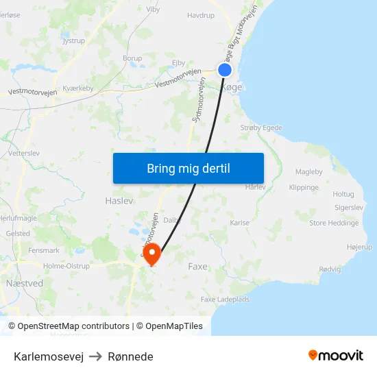 Karlemosevej to Rønnede map