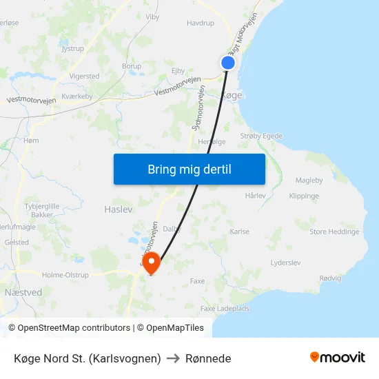Køge Nord St. (Karlsvognen) to Rønnede map
