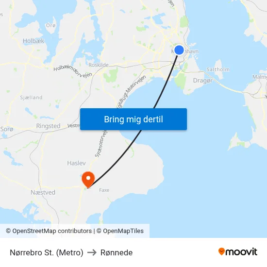Nørrebro St. (Metro) to Rønnede map