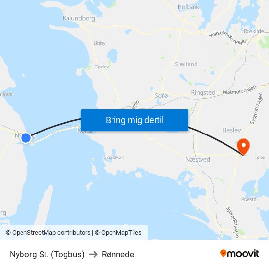 Nyborg St. (Togbus) to Rønnede map