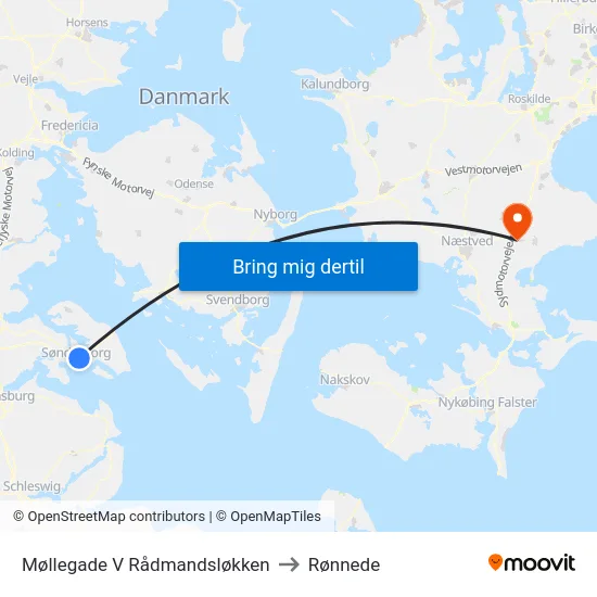 Møllegade V Rådmandsløkken to Rønnede map