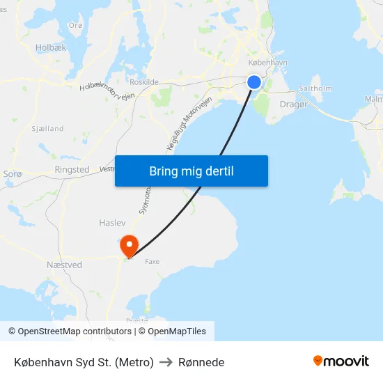 København Syd St. (Metro) to Rønnede map