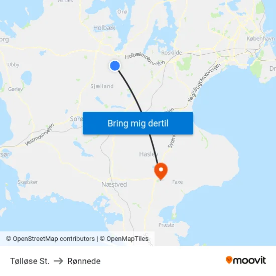 Tølløse St. to Rønnede map