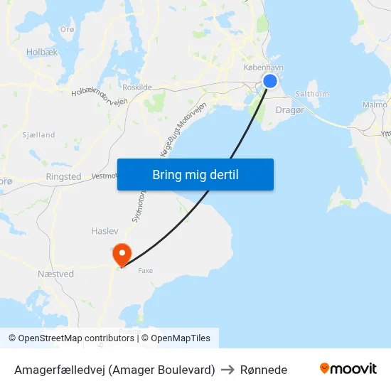 Amagerfælledvej (Amager Boulevard) to Rønnede map