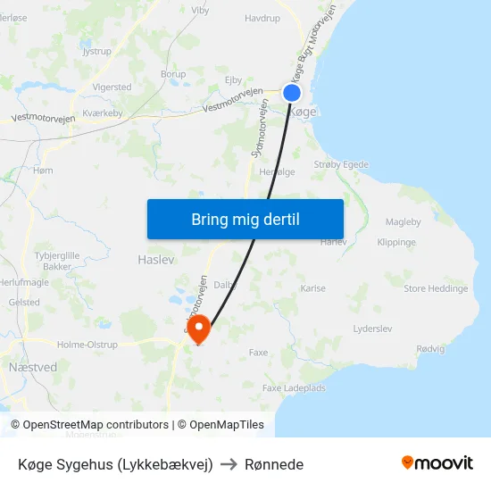 Køge Sygehus (Lykkebækvej) to Rønnede map
