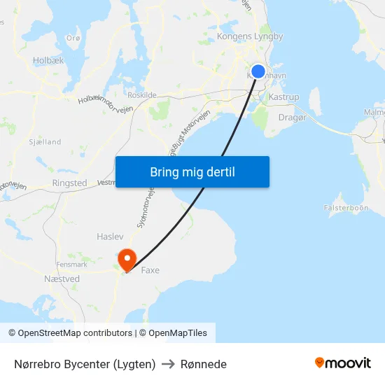 Nørrebro Bycenter (Lygten) to Rønnede map