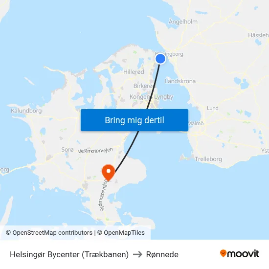 Helsingør Bycenter (Trækbanen) to Rønnede map