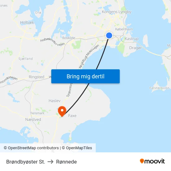 Brøndbyøster St. to Rønnede map