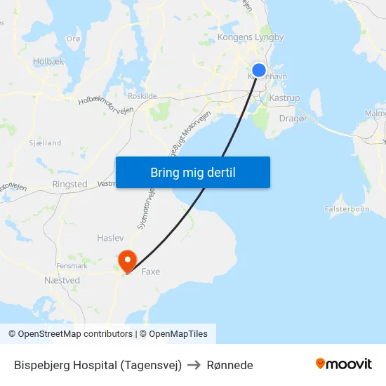 Bispebjerg Hospital (Tagensvej) to Rønnede map