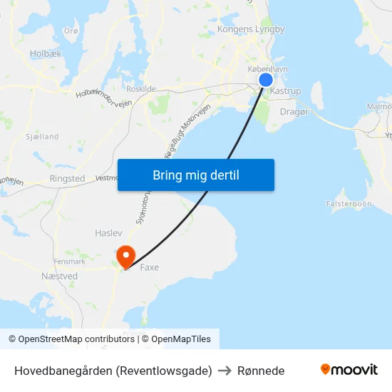 Hovedbanegården (Reventlowsgade) to Rønnede map