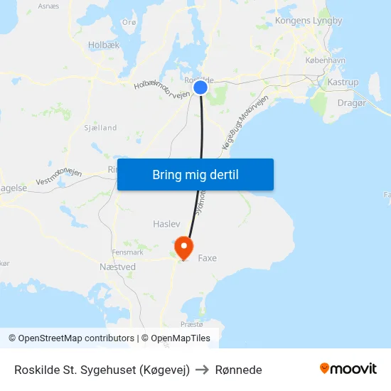 Roskilde St. Sygehuset (Køgevej) to Rønnede map