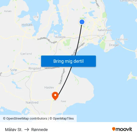 Måløv St. to Rønnede map