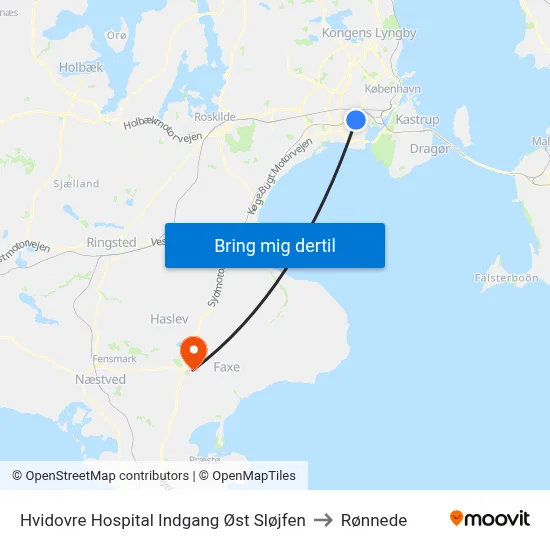 Hvidovre Hospital Indgang Øst Sløjfen to Rønnede map