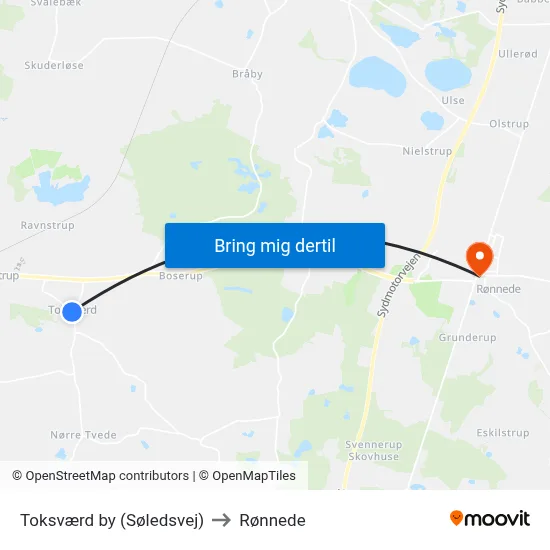 Toksværd by (Søledsvej) to Rønnede map