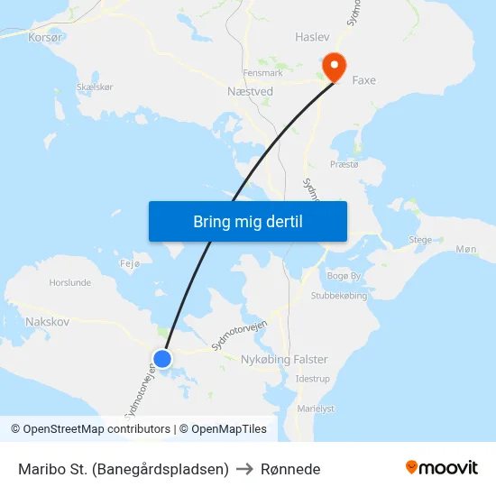 Maribo St. (Banegårdspladsen) to Rønnede map
