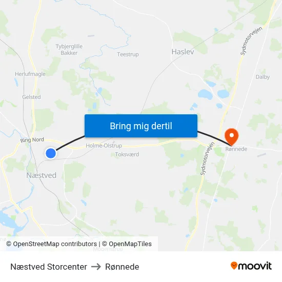 Næstved Storcenter to Rønnede map