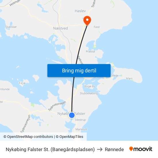 Nykøbing Falster St. (Banegårdspladsen) to Rønnede map