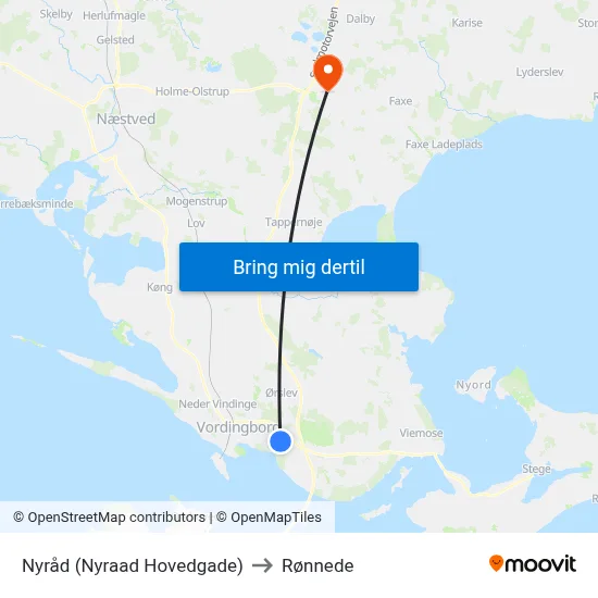Nyråd (Nyraad Hovedgade) to Rønnede map