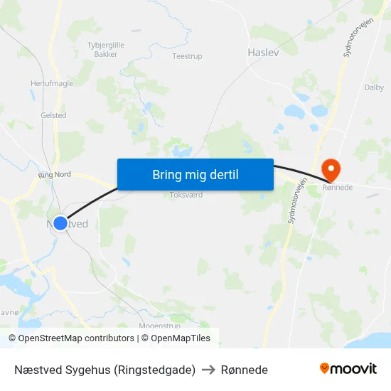 Næstved Sygehus (Ringstedgade) to Rønnede map