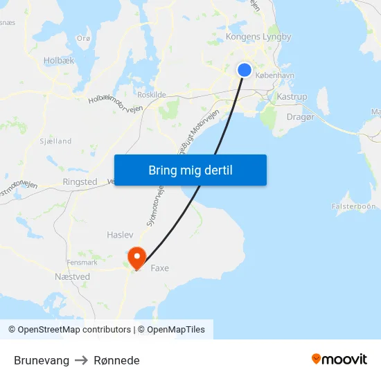 Brunevang to Rønnede map