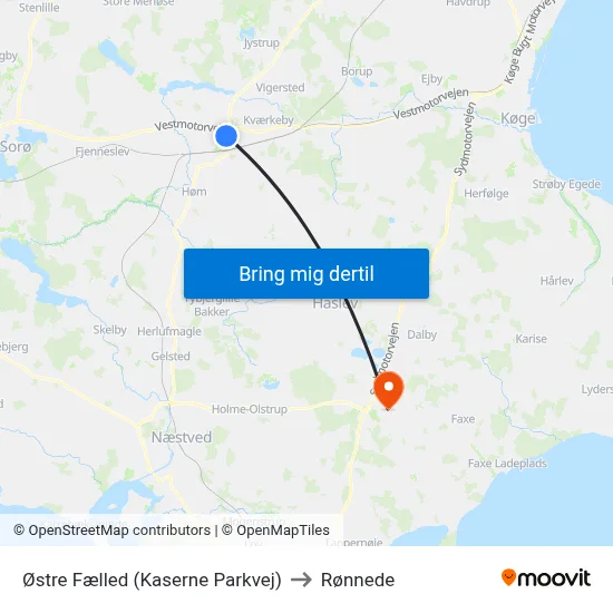Østre Fælled (Kaserne Parkvej) to Rønnede map