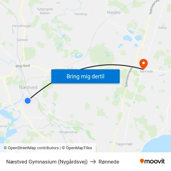 Næstved Gymnasium (Nygårdsvej) to Rønnede map