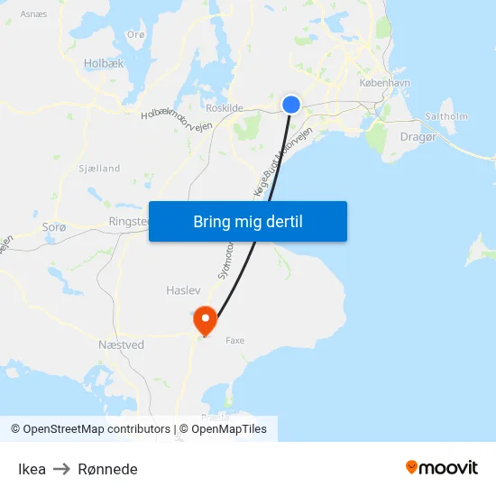 Ikea to Rønnede map