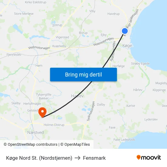 Køge Nord St. (Nordstjernen) to Fensmark map