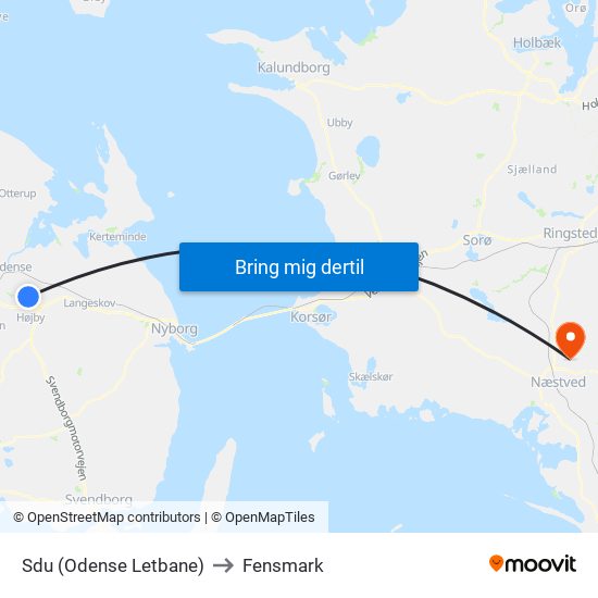 Sdu (Odense Letbane) to Fensmark map