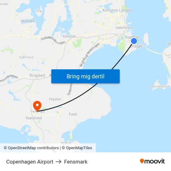 Copenhagen Airport to Fensmark map
