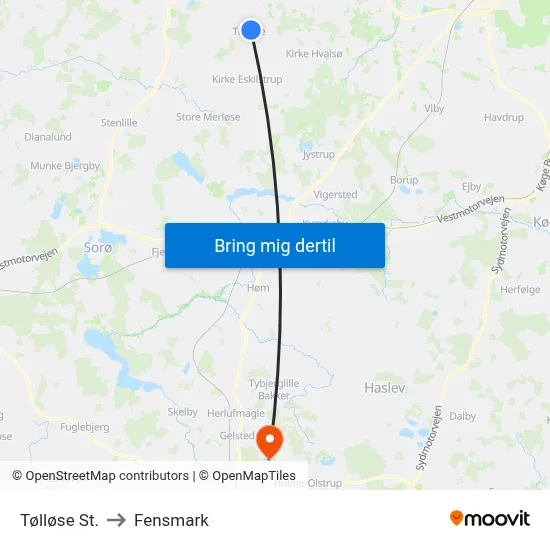 Tølløse St. to Fensmark map