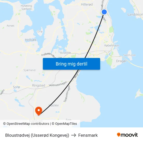 Bloustrødvej (Usserød Kongevej) to Fensmark map