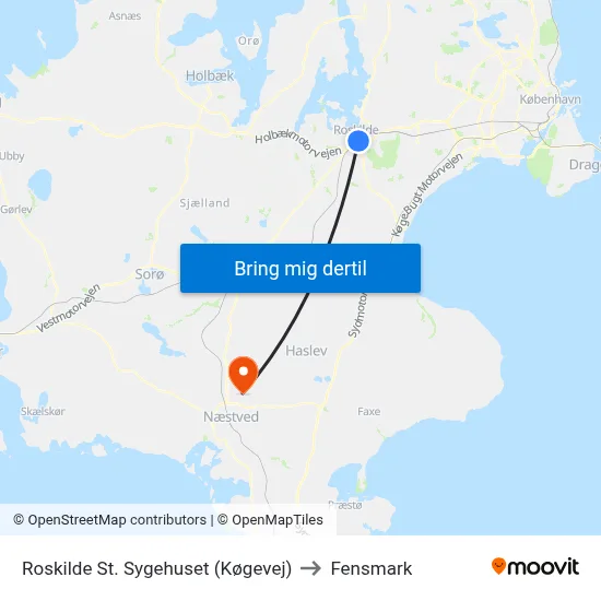 Roskilde St. Sygehuset (Køgevej) to Fensmark map